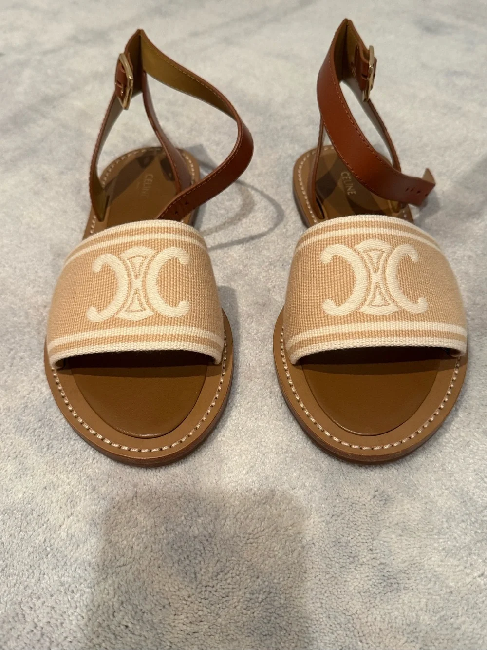 CELINE Lympia Triomphe Canvas Sandals Tan Leather Ankle Strap 8.5 / 38.5